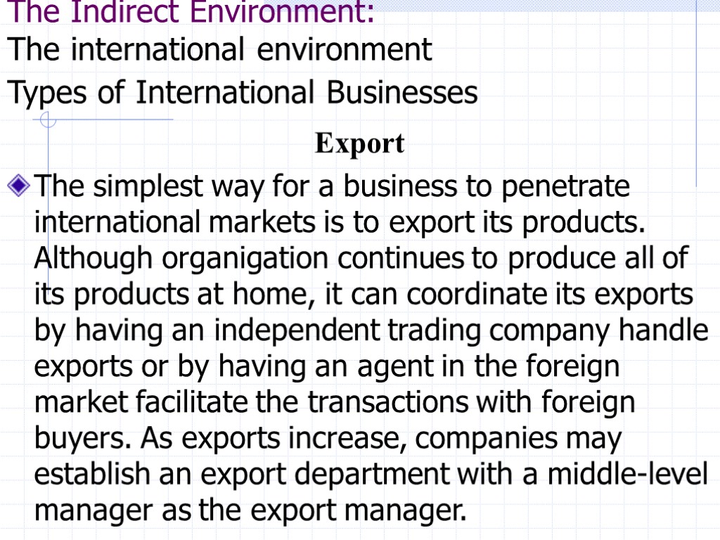 The Indirect Environment: The international environment Types of International Businesses Export The simplest way